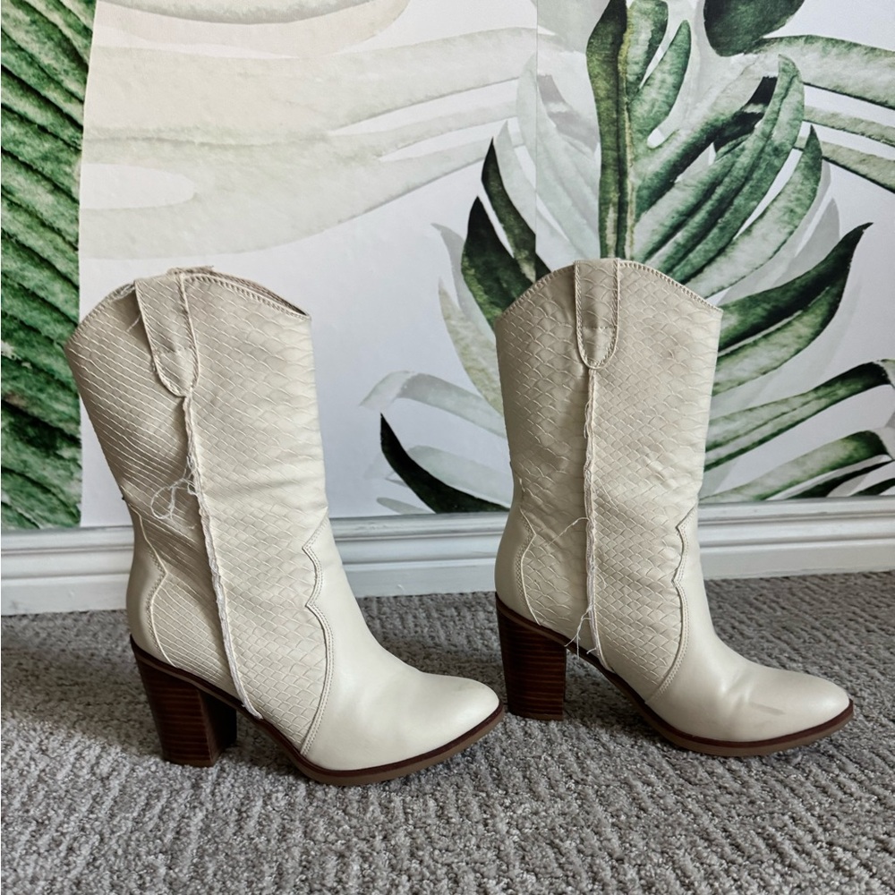MIA distressed white cowboy boots.
